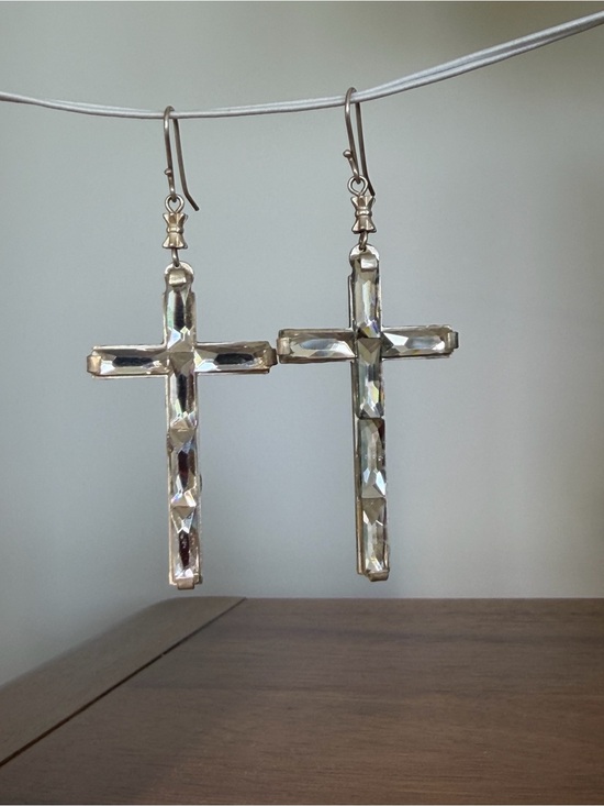 Virgins Saints & Angels Jewelry - Virgins Saints & Angels Crystal Cross Drop Earrings in Clear and Gold